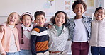 Face, children and happy teacher at kindergarten in classroom, bonding and education. Learning, portrait and group of students smile, funny and laughing for knowledge, study and development at school