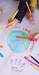 Children in classroom, drawing and art from above for earth day, eco friendly education and kindergarten. Creative poster project, group of school kids together, saving the planet and environment.