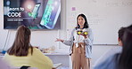 Teacher, presentation and code learning in classroom education, information technology or engineering design. Professor, people and students software development, school computer and robotics lecture