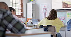 Human, body and students studying in classroom with science, education and writing notes on biology, anatomy or knowledge. College, class and people learning about natural bio, physics or information