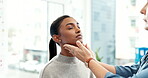 Doctor, hands and neck of patient for healthcare consultation exam, service or diagnosis. Medical worker and young woman at hospital to check sore throat, sick or pain and thyroid for infertility 