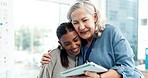 Women, hug and doctor with a patient, tablet and good news with results, diagnosis and support. People, medical professional or girl in a hospital, embrace and technology with empathy, smile and cure
