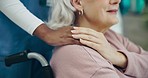 Nurse hands, senior woman and wheelchair with support, healthcare services and medical kindness or nursing. Doctor, caregiver and ADN person helping and elderly patient with disability in retirement