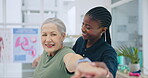 Physiotherapy, muscle training and old woman patient with chiropractor, balance and health with wellness. Help, support and elderly care, rehabilitation and consultation with people at physio clinic