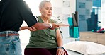 Woman, physiotherapy and check arm for medical consulting, muscle rehabilitation and healing. Physiotherapist, senior patient and healthcare assessment for physical therapy, arthritis and mobility