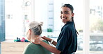 Physiotherapy, chiropractor and happy woman massage neck, client body and smile for chiropractic rehabilitation. Physical therapy consultation, portrait and Indian physiotherapist helping patient