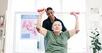 Women, physiotherapy and help patient with dumbbells for exercise, medical consulting or muscle rehabilitation. Happy physiotherapist, senior healthcare and weights for assessment, healing or support