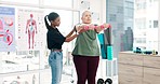 Women physiotherapy or patient with dumbbells for exercise, healthcare consulting or muscle rehabilitation. Physical therapy, senior assessment and weights of chiropractic support, stretching or help