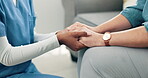 Nurse, holding hands and comfort cancer patient, sick or disease in homecare. Caregiver, support and help person, empathy and kindness in faith, health and hope for medical healing in rehabilitation
