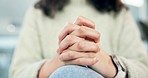 Stress, hands and woman in a living room with fear, debt or mental health crisis in her home. Anxiety, zoom and female person with depression, regret or worry for disaster, conflict or domestic abuse