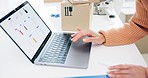 Laptop, hands and online order of cosmetics with a woman writing on a calendar for planning a shipment. Computer, schedule and delivery with a freelance employee at work in a makeup startup closeup