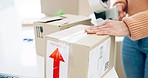 Box, tape and hands, package for delivery with service and e commerce, small business with owner and product. Seal parcel, shipping and cargo logistics, supply chain with seller in industry and stock