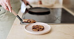 Cooking, food and pancakes with hands of person in kitchen for health, morning routine and nutrition. Fruit, wellness and breakfast with closeup of chocolate chip dessert at home for brunch and diet