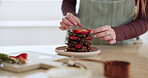 Strawberry, breakfast and pancakes with hands of person in kitchen for health, morning routine and nutrition. Fruit, wellness and food with closeup of dessert at home for brunch, waffle and diet