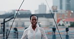 Black woman, fitness and skipping rope in city for exercise, cardio workout or outdoor training. African female person jumping in healthy wellness, body or lose weight in muscle endurance in town