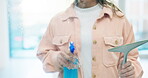 Hands, spray bottle and a person cleaning glass in an office closeup for hygiene or responsibility. Window, soap and disinfection with a cleaner in a workplace for maintenance or sanitization