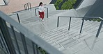 Fitness, challenge and woman running on stairs from above for training, workout or cardio. Building steps, exercise and female runner with resilience, performance and speed, sports or energy top view