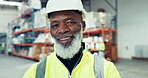 Manager, face and businessman smile in warehouse for logistics, supply chain and packaging industry. Cargo, portrait and inspector in factory for shipping, service delivery and courier with helmet