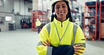 Engineering, crossed arms and face of woman in warehouse for inventory, stock check or distribution. Happy, smile and portrait of young female industrial worker with confidence at logistics factory.