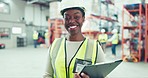 Engineering, clipboard and face of black woman in a warehouse for inventory, stock check or distribution. Industry, checklist and portrait of young female industrial worker at a logistics factory.