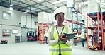 Engineering, checklist and black woman in a warehouse for inventory, stock check or distribution. Industry, clipboard and young female industrial worker checking information at a logistics factory.