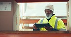 Industry, tablet and mature man in warehouse for inventory, stock check or distribution. Engineering, digital technology and African male industrial worker doing online research at logistics factory.