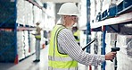 Senior woman, tablet and scanning price, stock or box for inventory inspection, supply chain or storage. Mature female person or manager with technology for checklist or quality control in warehouse