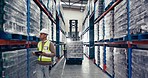 People, warehouse and time lapse in storage control, inventory inspection or shipment in supply chain. Group of employees in busy, export or import business in checking stock or product distribution