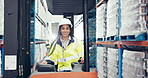 Logistics, forklift and face with woman in warehouse for distribution, shipping and cargo. Supply chain, inventory and wholesale storage with portrait of person for delivery, export and safety