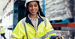 Shipping, forklift and face with woman in warehouse for distribution, logistics and cargo. Supply chain, inventory and wholesale storage with portrait of person for delivery, export and safety