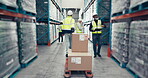 Boxes, trolley and warehouse person walking, transport product and moving package for logistics supply chain. Factory, storage and back of industrial worker with shipping cargo, stock or inventory 