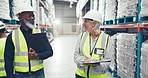 People, warehouse team and logistics inspection, industrial checklist and inventory management or supply chain. Manager or woman talking of distribution, storage and package for commercial services 