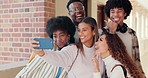 Students, group and college friends selfie together for education, learning and social media. Funny people at university for profile picture, memory and scholarship for diversity with influencer post