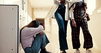 Depression, sad and student on college hallway floor with anxiety and burnout from school work or exclusion. Stress, university and upset girl cry on ground for mental health crisis and bullying