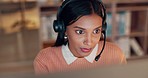 Business, call center and woman with telemarketing, conversation and connection with help desk. Person, sales agent and employee with headphones, communication and customer service with tech support