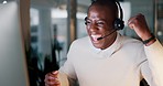 Win, call center success and a black man with a computer for a telemarketing goal or target in consulting. Happy, night and an excited African customer service employee with a pc for a sales bonus