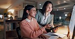 Computer, tablet and business people teamwork, personal assistant feedback and reading bank customer experience. Dark office, project management and receptionist explain research review to manager