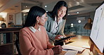 Business women, tablet and teamwork on computer for graphic design planning, night marketing and planning. Manager, digital artist and designer in collaboration, internship support and check progress
