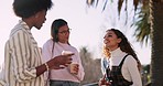 Students, conversation and college with friends on campus for learning, education and diversity. Community, scholarship and future with group of women in university for school, studying and morning