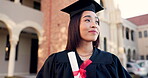 Happy woman, student and thinking in graduation, scholarship or career ambition at campus. Female person or graduate smile with diploma, certificate or degree for dream, goals or academic milestone