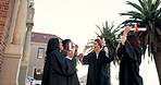 Happy people, applause and graduation in celebration for diploma, degree or certificate together at campus. Group of graduate students clapping in success for team achievement, milestone or winning