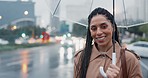 Woman, city with face and umbrella, travel and insurance in rain outdoor with smile. Commute, journey to work and professional, security in winter weather and urban street with happiness in portrait