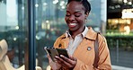 Phone, smile and business with black woman in city for networking, social media and communication. Technology, mobile app and professional with person in street for contact, email and conversation