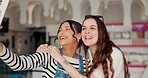 Women, selfie and happy girl friends in a restaurant with profile picture and social media. Bruch, smile and laughing young people together with bonding and photo for post in a cafe or coffee shop