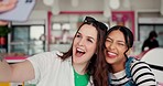 Happy, girl friends smile and selfie in a restaurant or cafe excited with bonding. Diversity, women and young people together with embrace and portrait photo for social media post in coffee shop