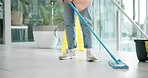 Cleaning, janitor and mop on floor of office for cleaner service, professional maid and maintenance. Manual labor, wet sign and person with equipment for hygiene, disinfection or washing in workplace