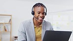 Telemarketing, laptop video call and black man talking on webinar communication, online conference or telecom. Networking, call center office and customer care person consulting on support help desk