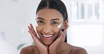Skincare, bathroom and woman with cream in mirror for beauty routine, sunscreen and glow in home. Getting ready, girl in portrait reflection for morning treatment, cleaning and fresh facial in house.