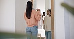 Mirror, selfie and happy woman with choice of clothes in shop, fashion or style on social media. Boutique, reflection and customer taking picture in store, mall or market for shopping in fitting room