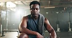 Face, gym and black man with fitness, exercise and endurance training with wellness, health and progress. Portrait, African person or guy with workout, relax and confidence with sports or bodybuilder